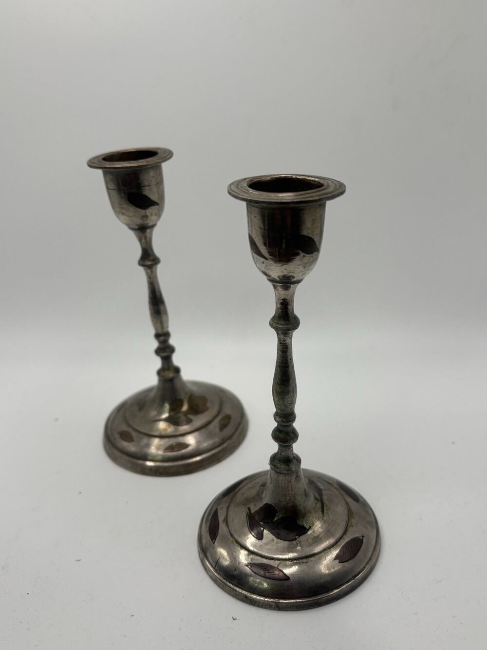 Vintage Pair Silver Plated Candlesticks Made in India Brass Leaf Inlay Baluster